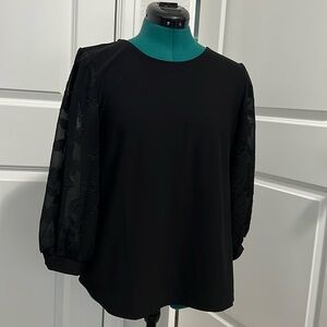 CeCe Black Top with Sheer Rose sleeves M